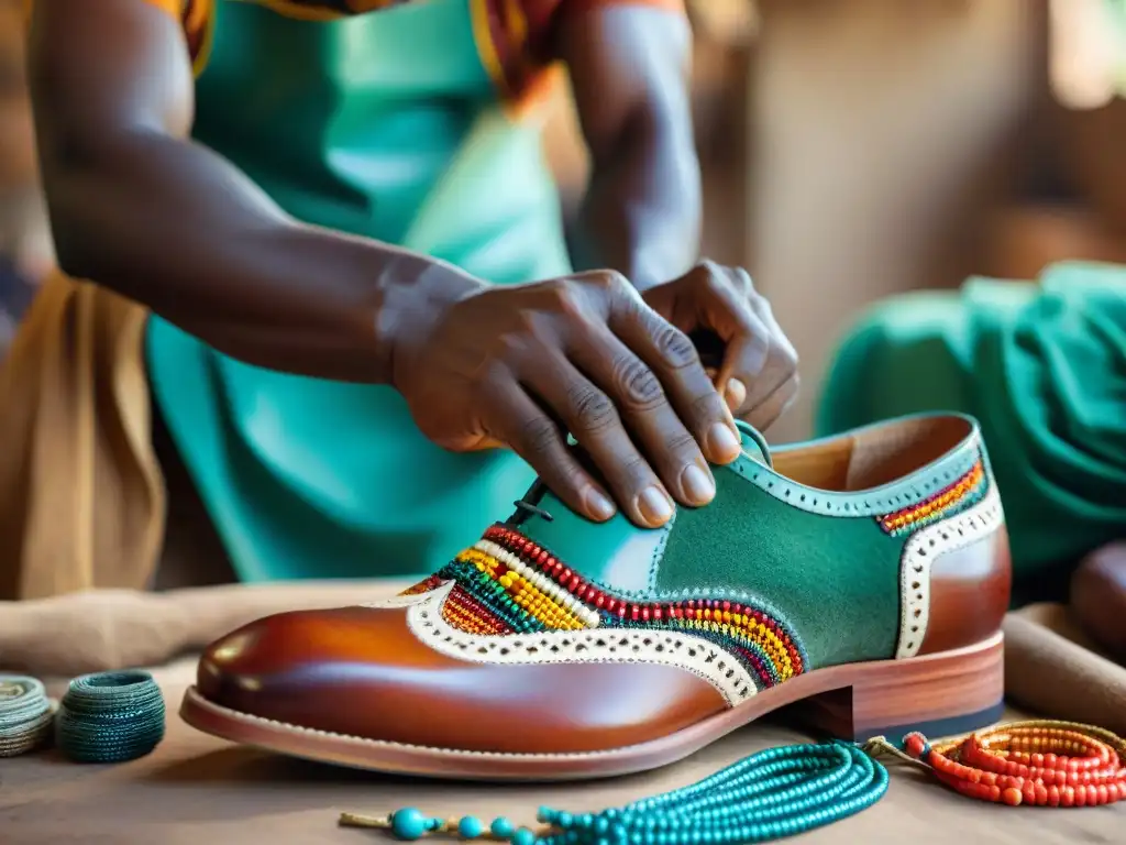 Un artesano africano creando zapatos con influencia cultural y moderna, inspiración africana diseño calzado contemporáneo