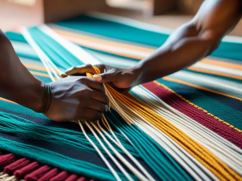 Hábil artesano tejiendo una alfombra africana, destacando patrones y texturas