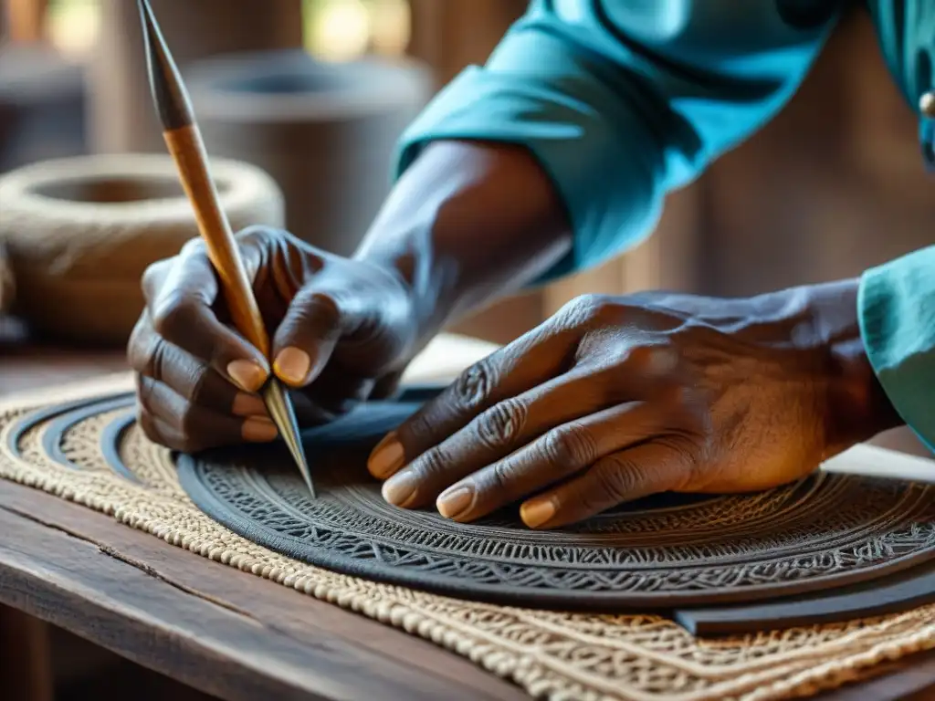 Un artesano creando un artefacto precolonial en una aldea artesanal, destacando la importancia económica de la artesanía