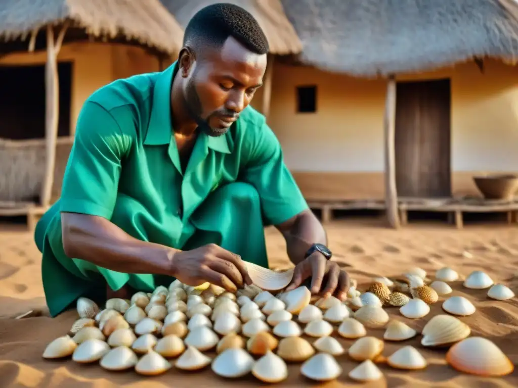 Un artesano beninés construye una casa de conchas con precisión y destreza, reflejando la arquitectura casas conchas Benín