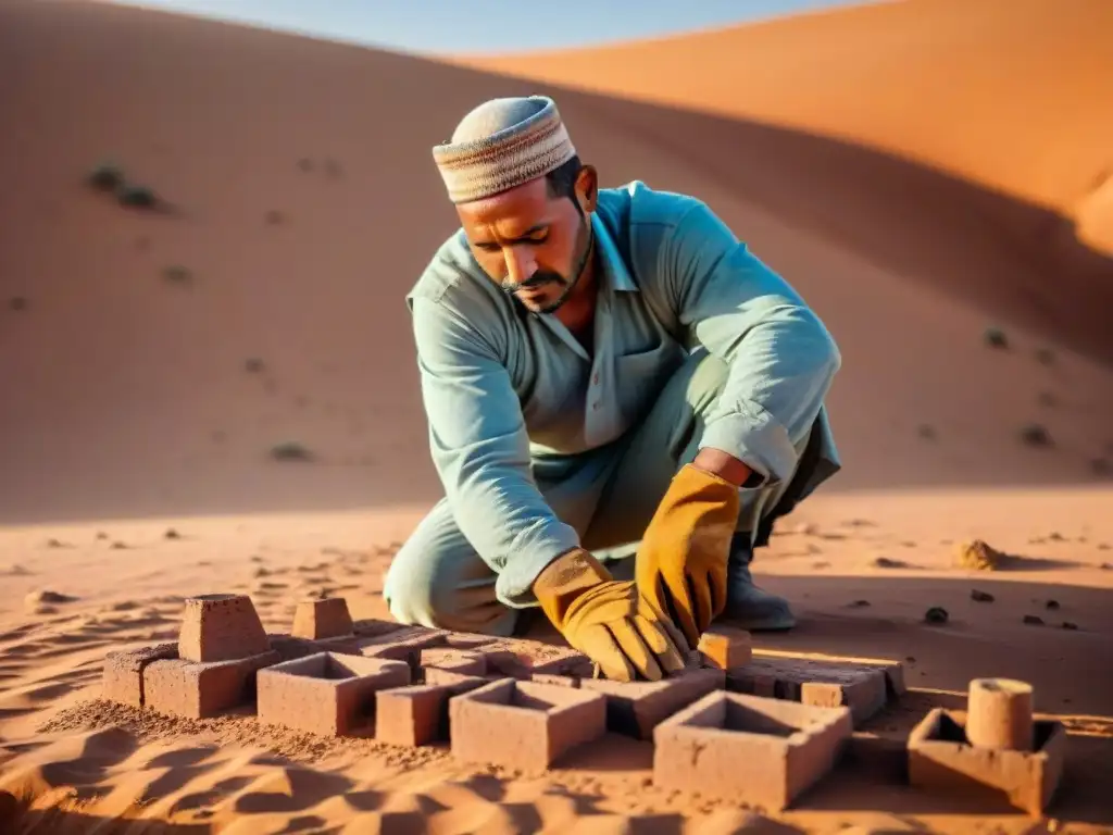 Artesano Berber construyendo con piedra y barro en el Sahara, bajo el sol del desierto dorado