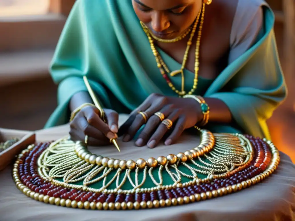 Un artesano etíope crea un collar de oro tradicional bajo el cálido atardecer del desierto