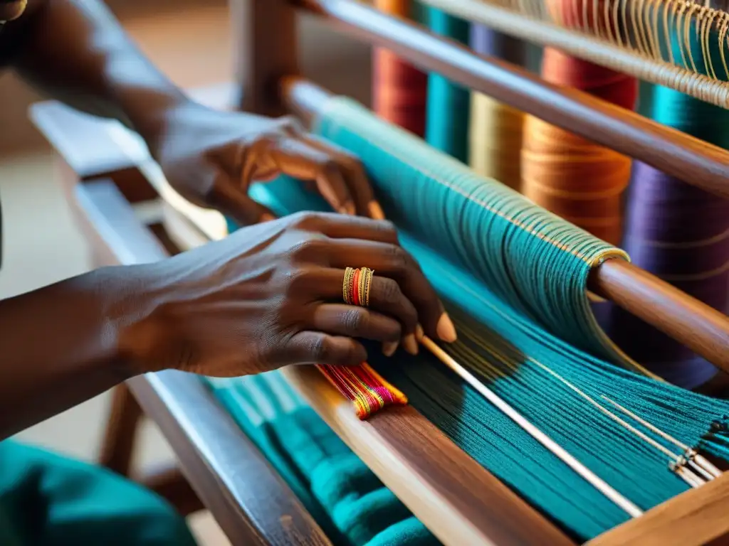 Un artesano hábil teje con delicadeza textiles tradicionales africanos en moda, en un telar de madera rústico