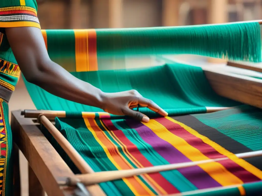 Un artesano en Ghana teje con destreza un vibrante textil Kente en un telar de madera, mostrando la influencia del diseño de textiles africanos