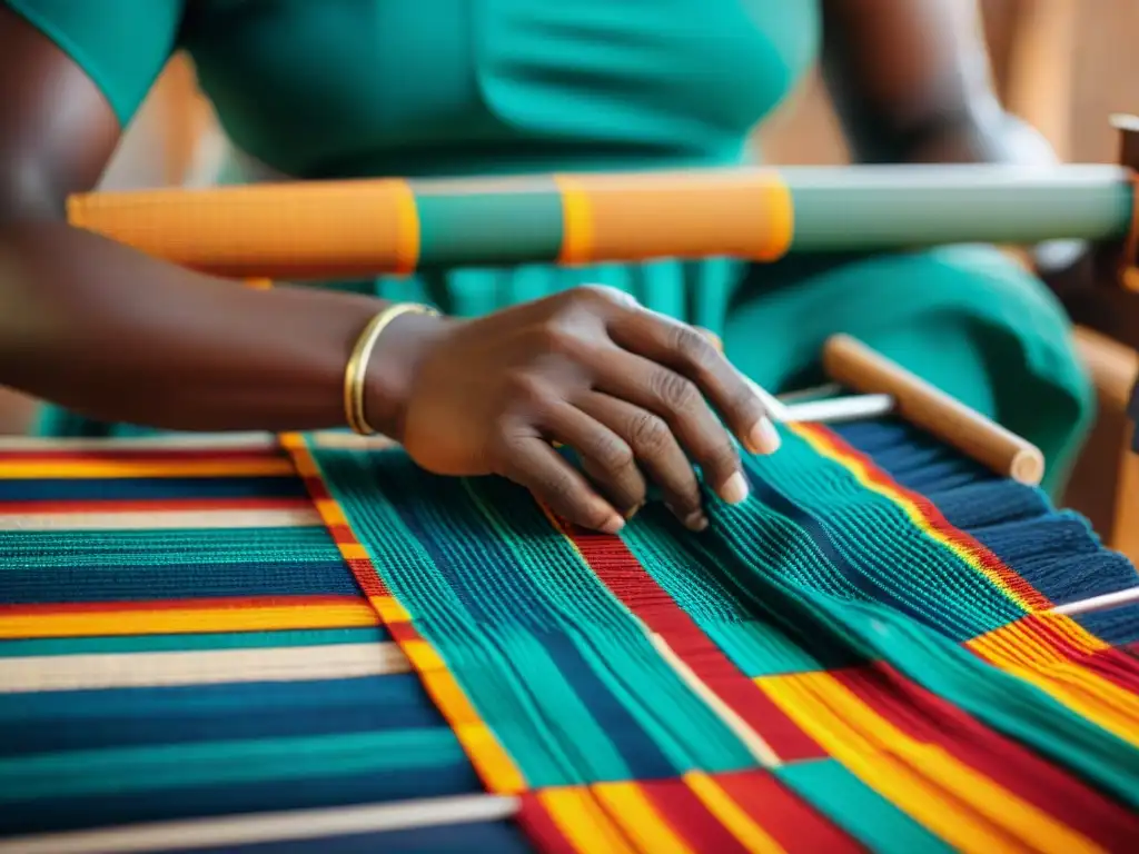 Artesano tejiendo un detallado paño Kente en telar tradicional, destacando el simbolismo de los patrones textiles africanos