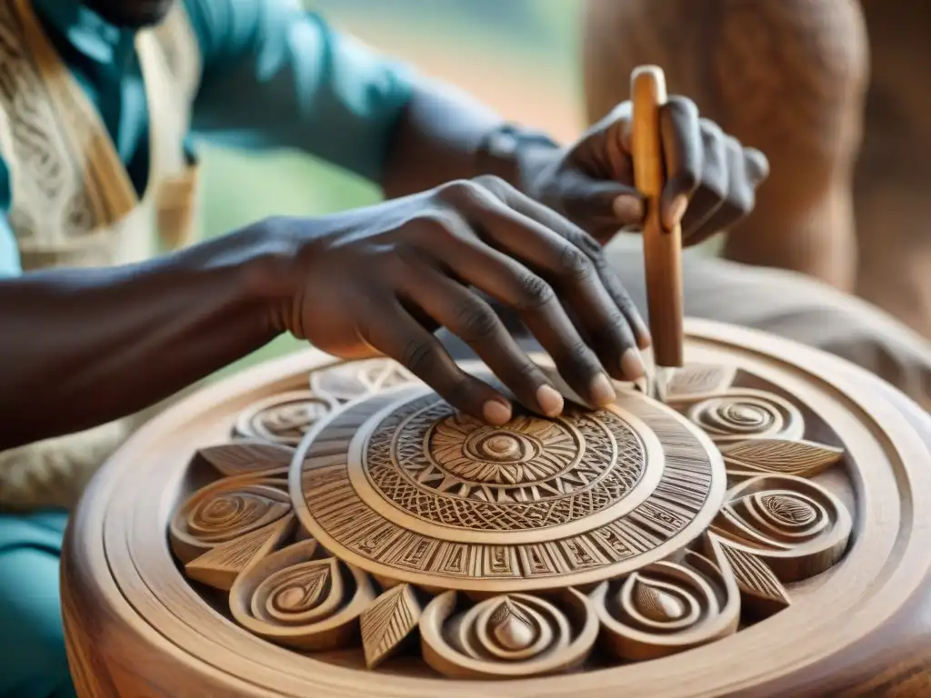 Un artesano ghanés esculpe con detalle símbolos en madera, destacando su destreza durante la Independencia de Ghana análisis profundo