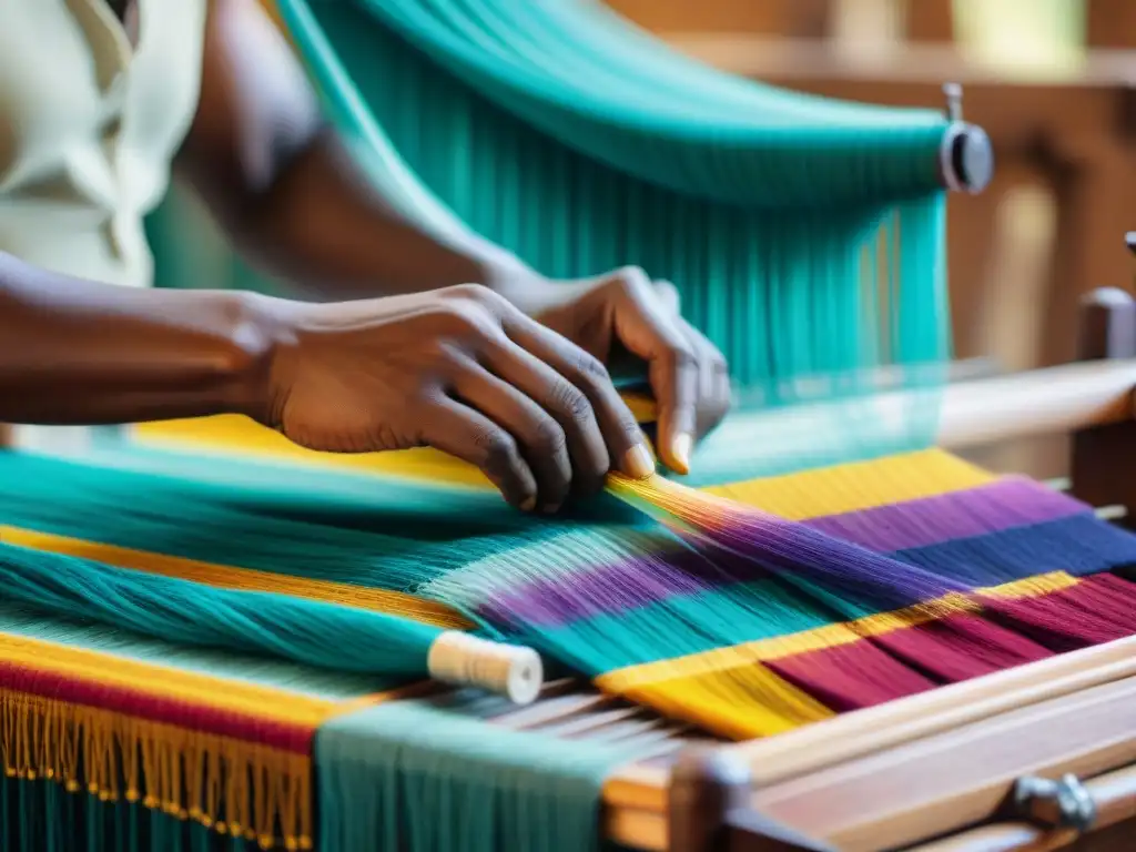 Un artesano diestro teje coloridos hilos en un telar de madera, fusionando tradición y tecnología en las innovaciones de la diáspora africana