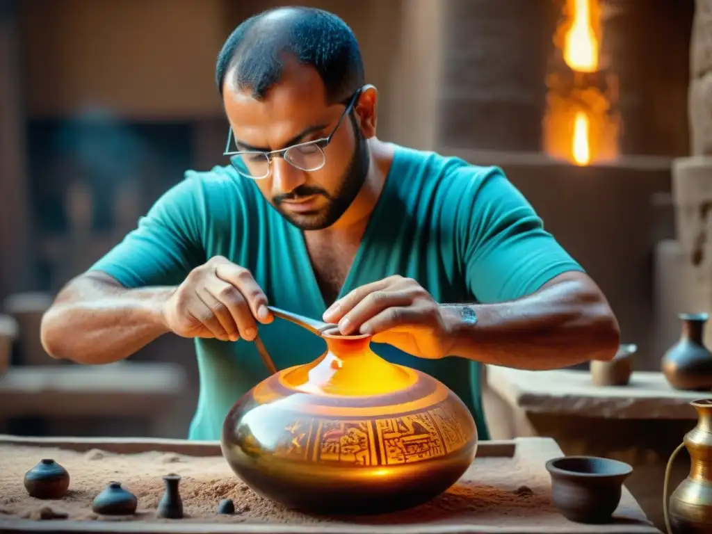 Un artesano egipcio experto en fabricación de vidrio moldea una delicada vasija, mostrando las avanzadas técnicas de la antigua Egipto