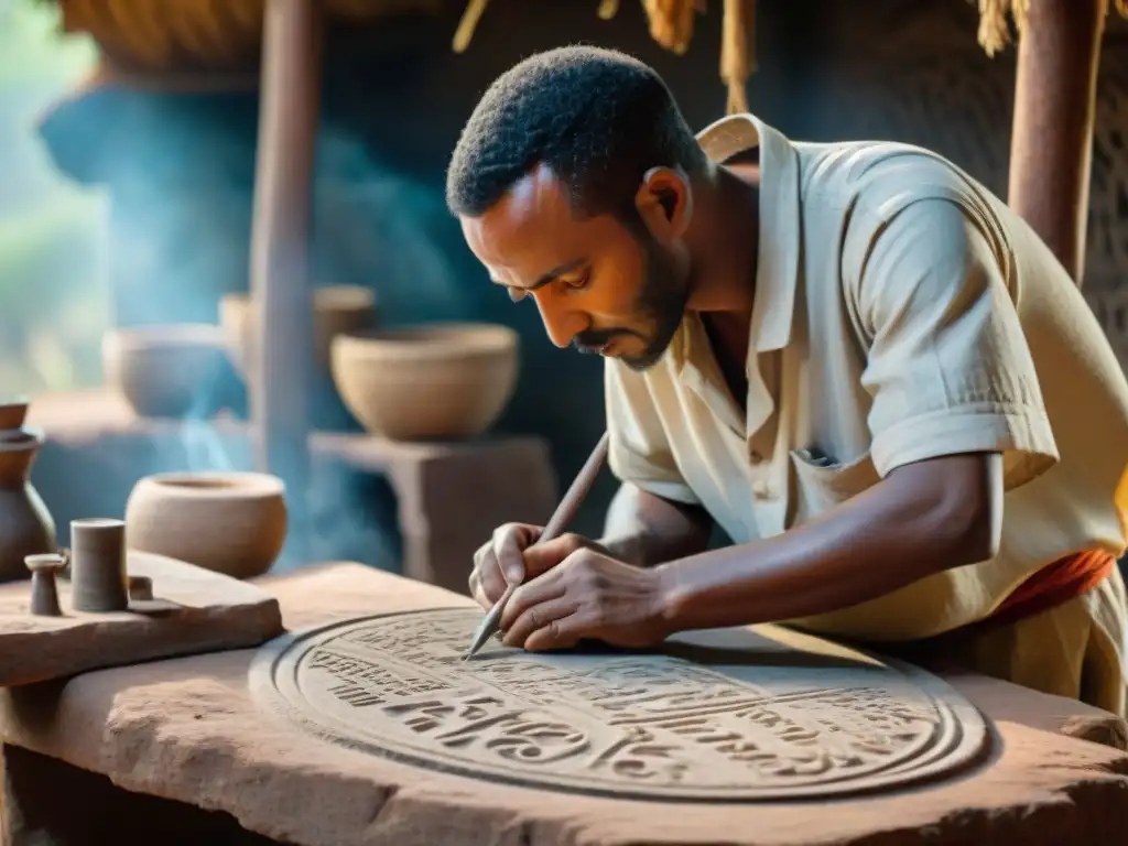 Un artesano etíope talla meticulosamente escritura Ge'ez en piedra, con herramientas tradicionales