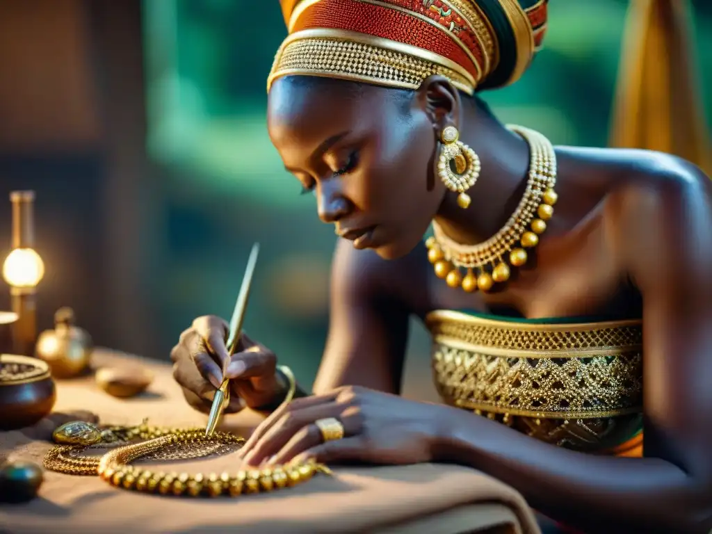 Un artesano experto crea una joya africana de lujo, mostrando opulencia y artesanía en historia joyería africana lujo opulencia