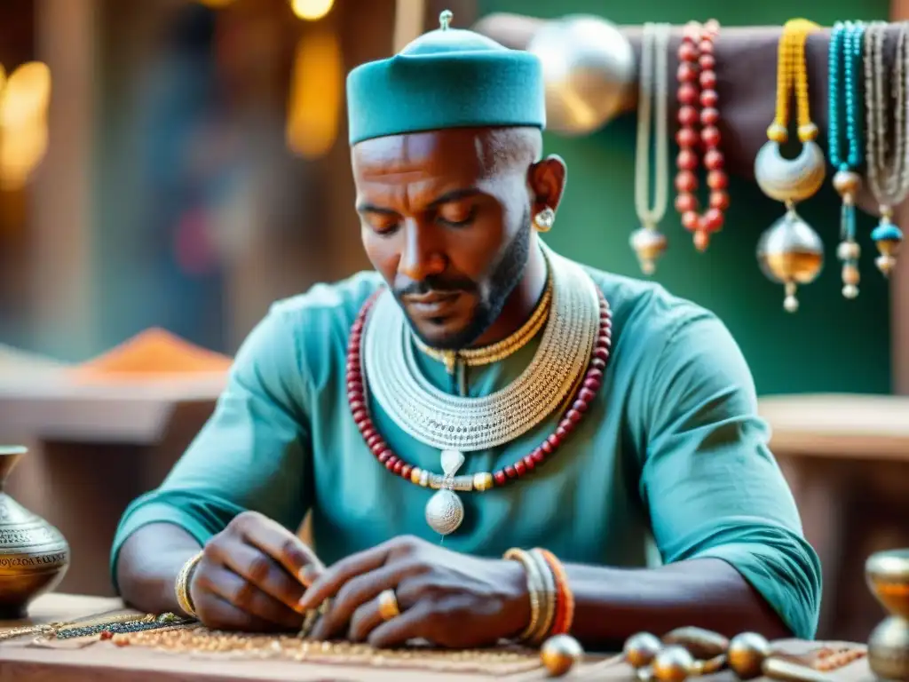 Un artesano experto elaborando una joyería inspirada en civilizaciones africanas en un bullicioso zoco de Marrakech, Marruecos