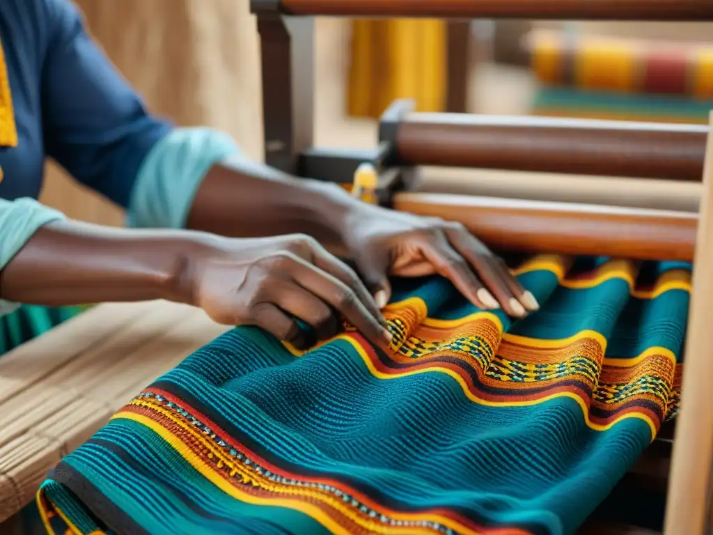 Un artesano experto en Ghana tejiendo detalladamente tela Kente en un telar de madera