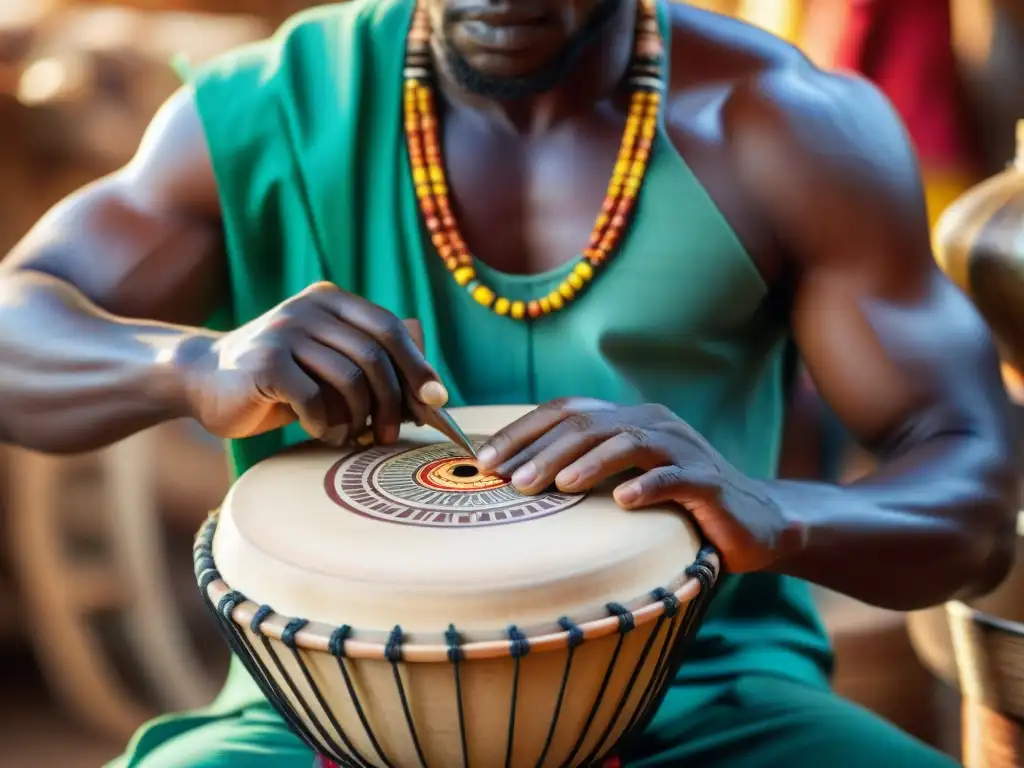 Un artesano experto talla un tambor Djembe en un bullicioso mercado de África Occidental