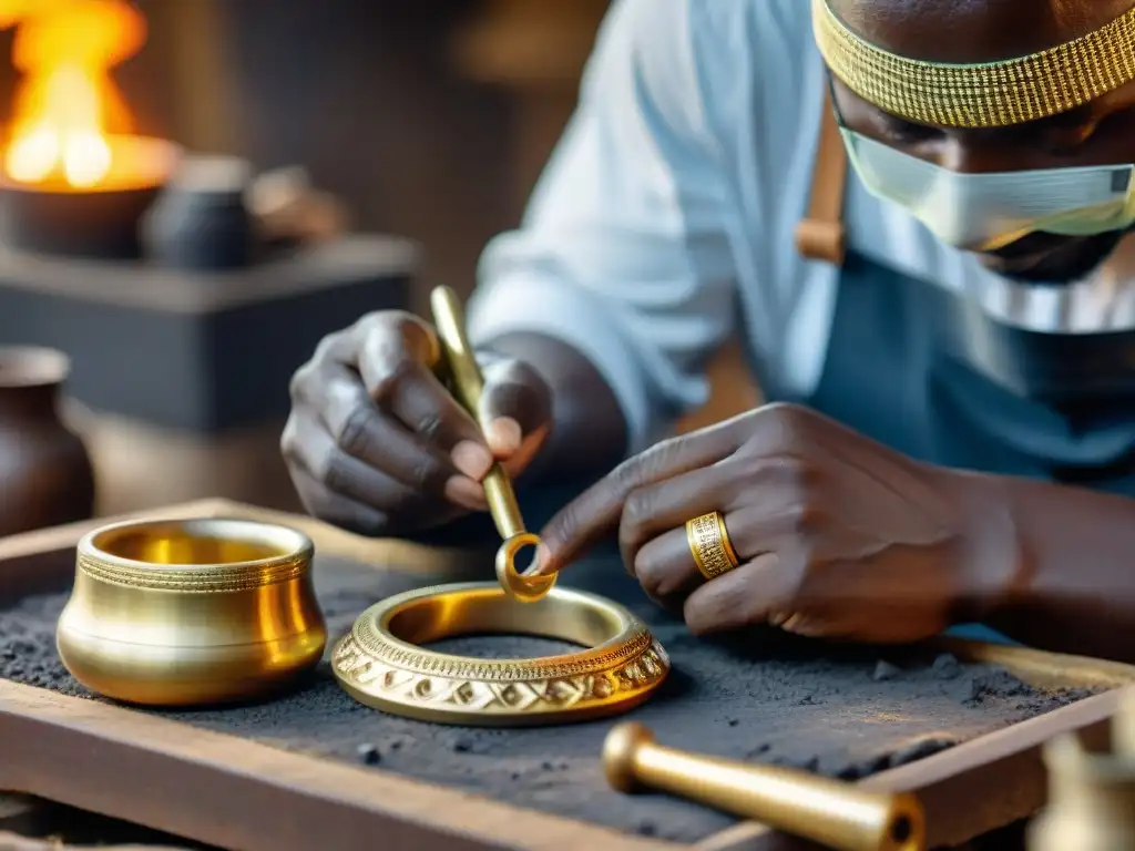 Un artesano ghanés experto en metalurgia del oro elabora joyas detalladas entre herramientas tradicionales