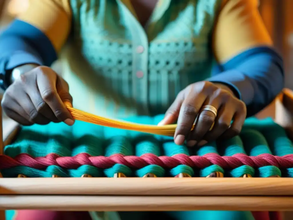 Un artesano habilidoso teje con cuidado hilos coloridos en un telar de madera, creando un patrón tradicional africano