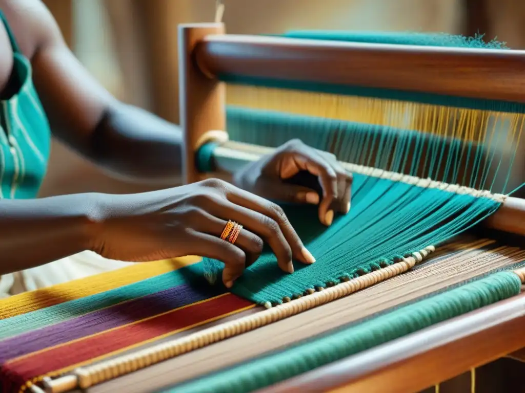 Un artesano habilidoso tejiendo hilos multicolores en un telar africano: Textiles africanos: moda y comercio