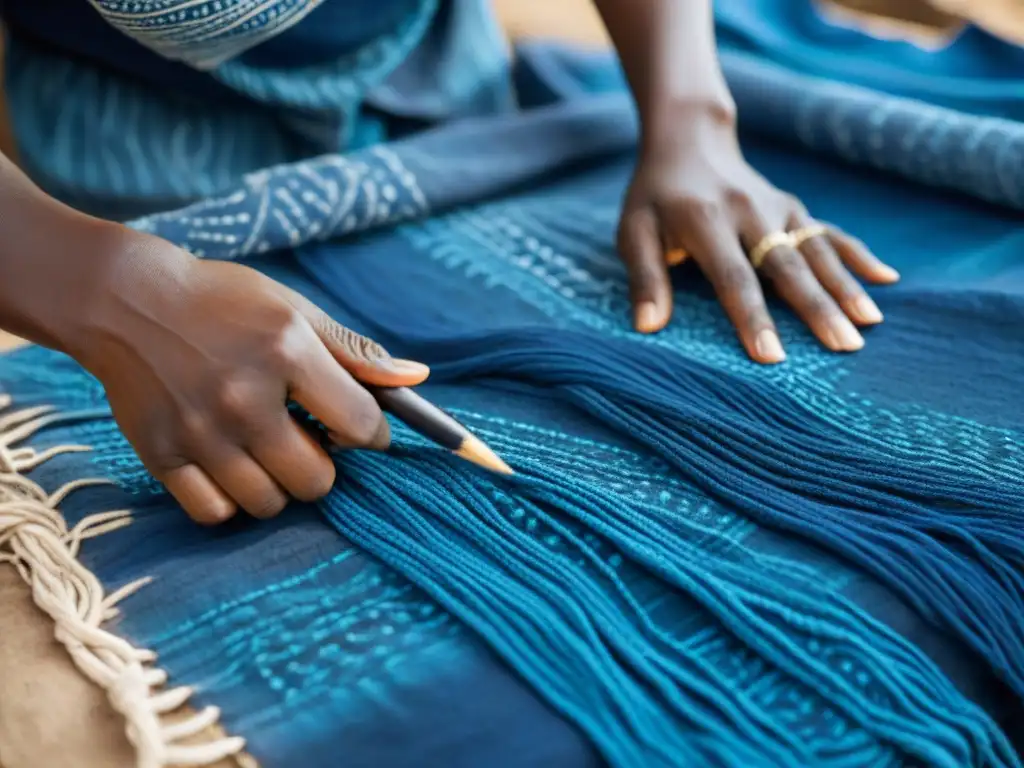 Un artesano habilidoso tiñendo a mano un textil de barro tradicional con vibrante índigo en Mali, destacando la historia y diseño del mudcloth