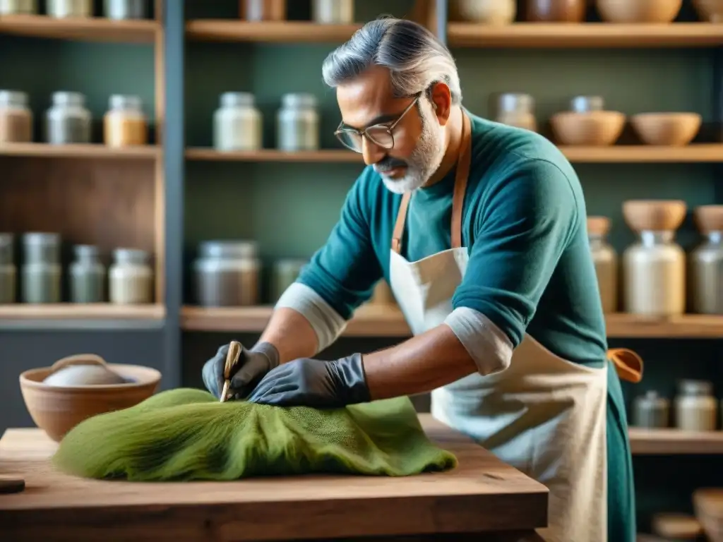 Un artesano habilidoso restaura un objeto histórico con métodos sostenibles de preservación, rodeado de materiales ecofriendly