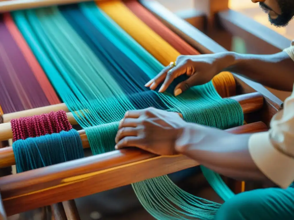 Un artesano habilidoso teje patrones vibrantes en un textil africano en un telar de madera