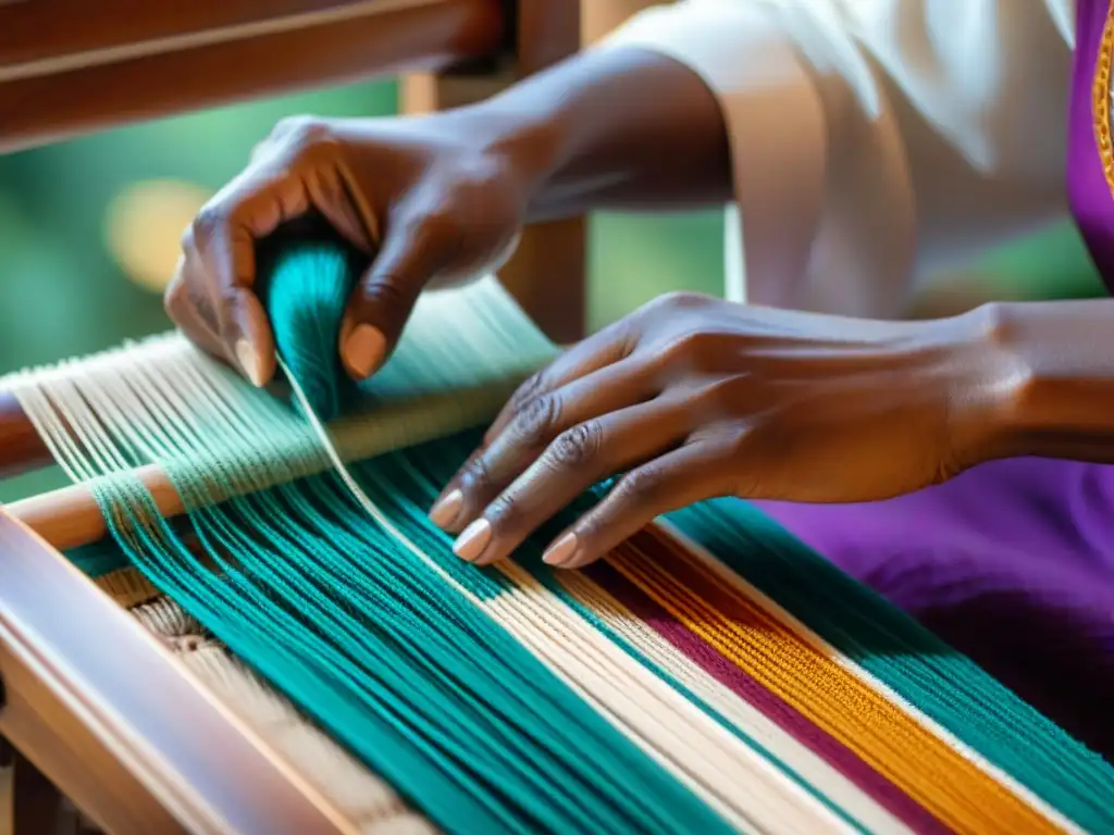 Un artesano habilidoso teje vibrantes hilos de tela Aso Oke en telar de madera, mostrando patrones detallados y colores ricos, en una representación de la moda africana precolonial y el significado cultural de los tejidos