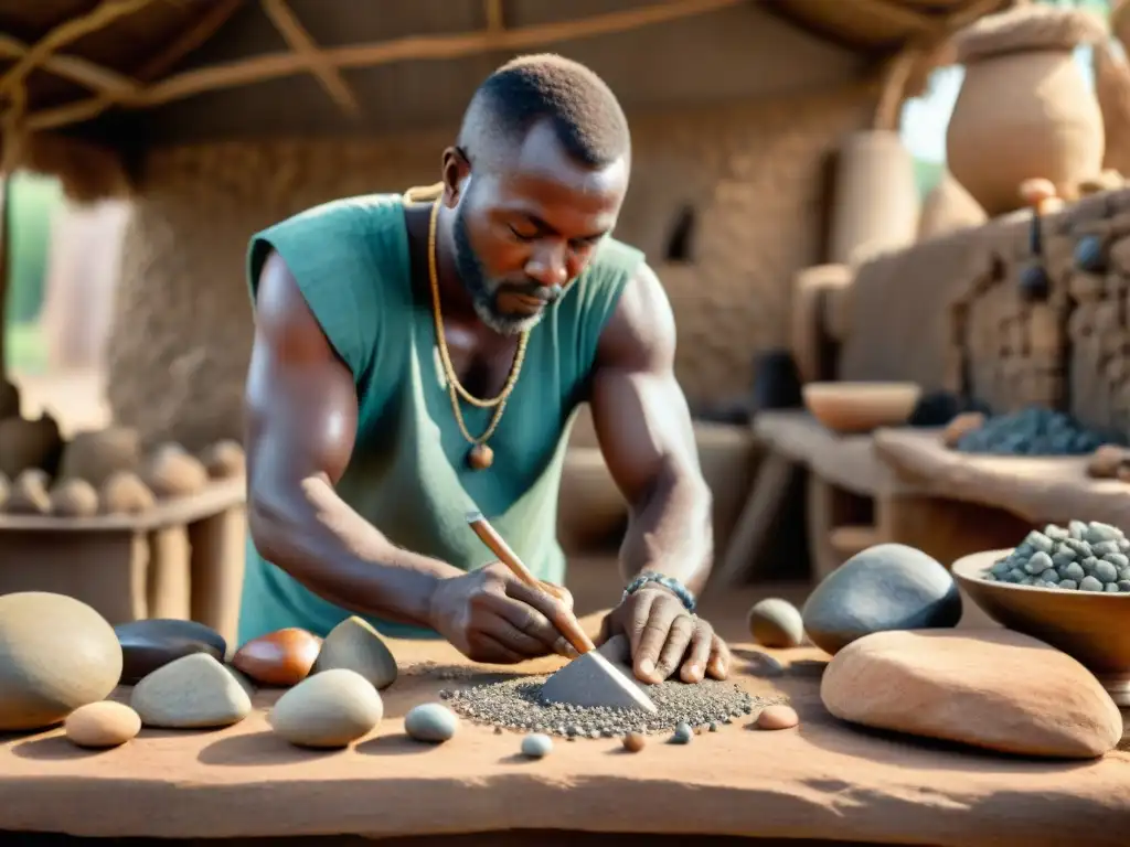 Artesano en África tallando herramientas de piedra con técnicas ancestrales