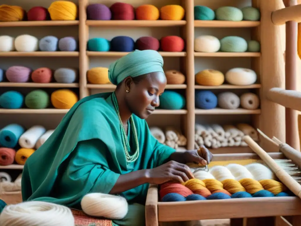 Un artesano del Sahel teje con maestría hilos de algodón y lana, rodeado de tintes y herramientas, destacando técnicas y materiales únicos