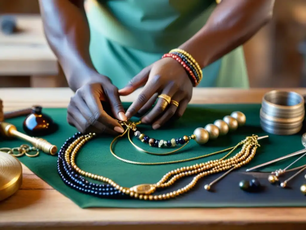 Artesano de joyas africanas crea collar de lujo con oro y ébano en un taller lleno de herramientas y materias primas