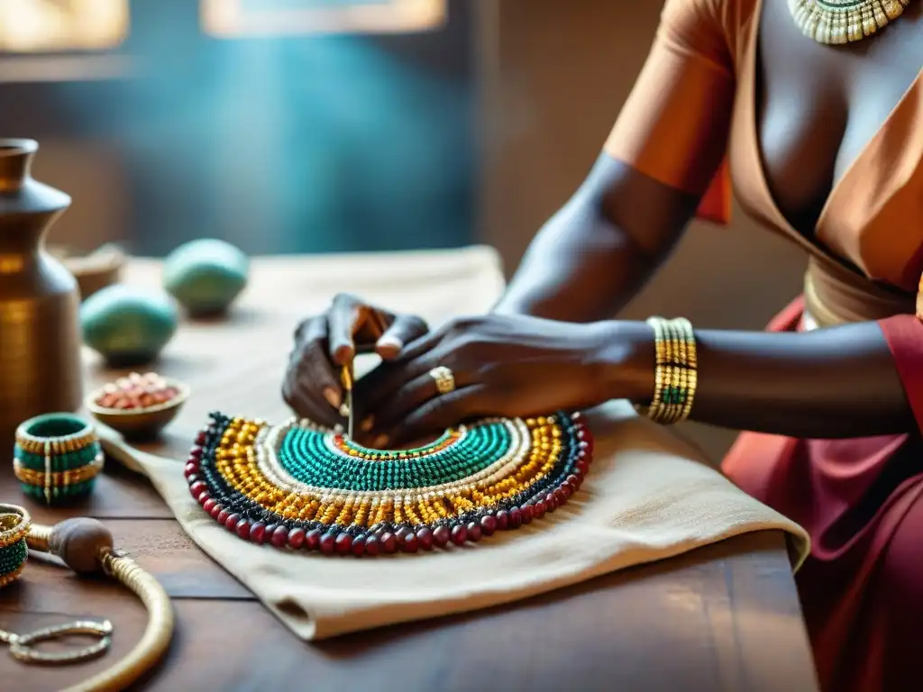 Un artesano hábil crea joyas africanas contemporáneas con diseño innovador, detallando cuentas y gemas vibrantes