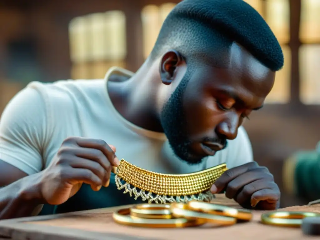 Un artesano en Ghana moldea joyas de oro con precisión, reflejando la metalurgia del oro en Ghana