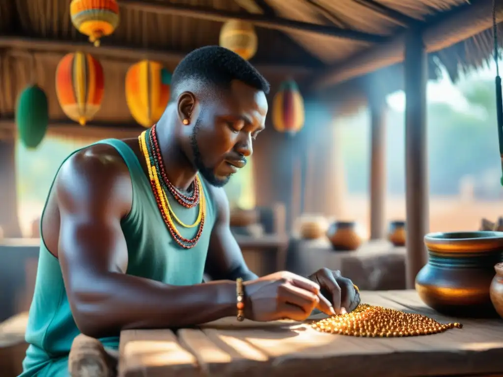 Un artesano en África elaborando joyas tradicionales con significado, rodeado de colores y cultura