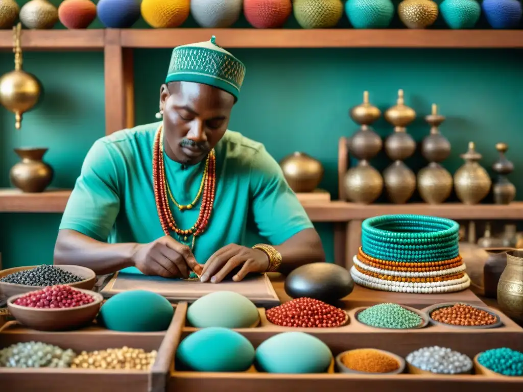 Un artesano hábil crea joyería africana con historia narrativa, rodeado de coloridas gemas y herramientas de metal intrincadas