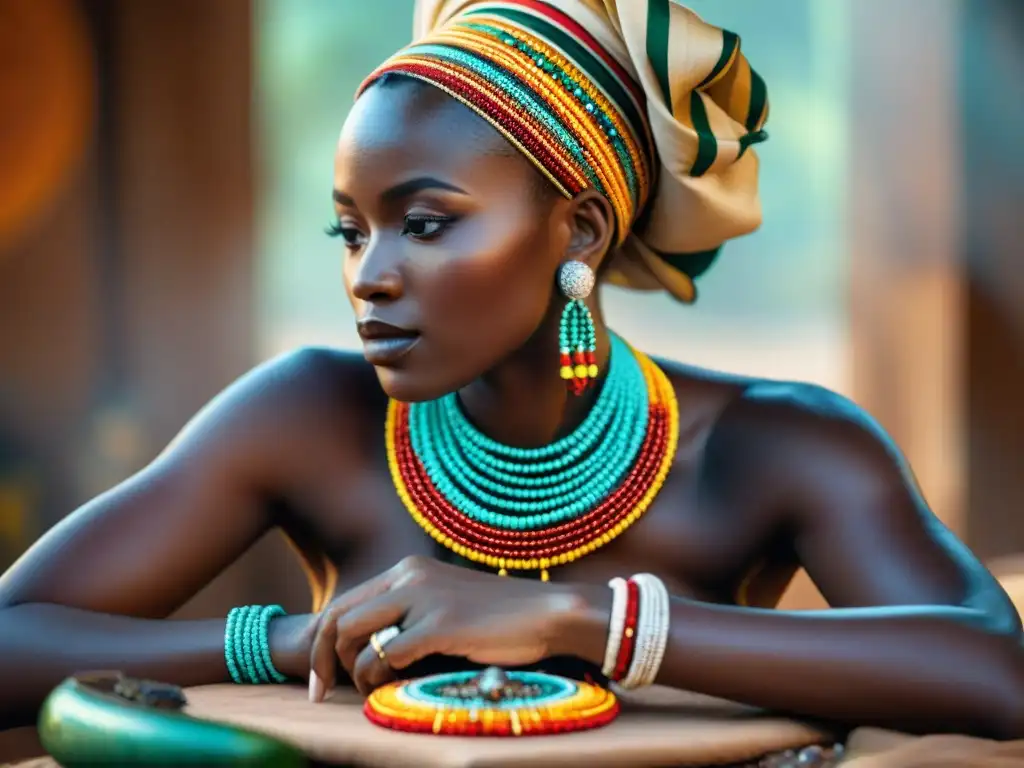 Un artesano crea joyería inspirada en civilizaciones africanas con cuentas y gemas coloridas en un mercado africano vibrante