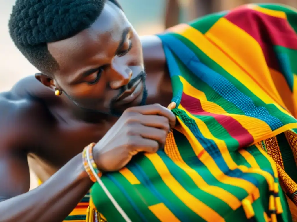 Artesano creando Kente en vibrantes colores y patrones tradicionales, simbolizando moda ética sostenible en África