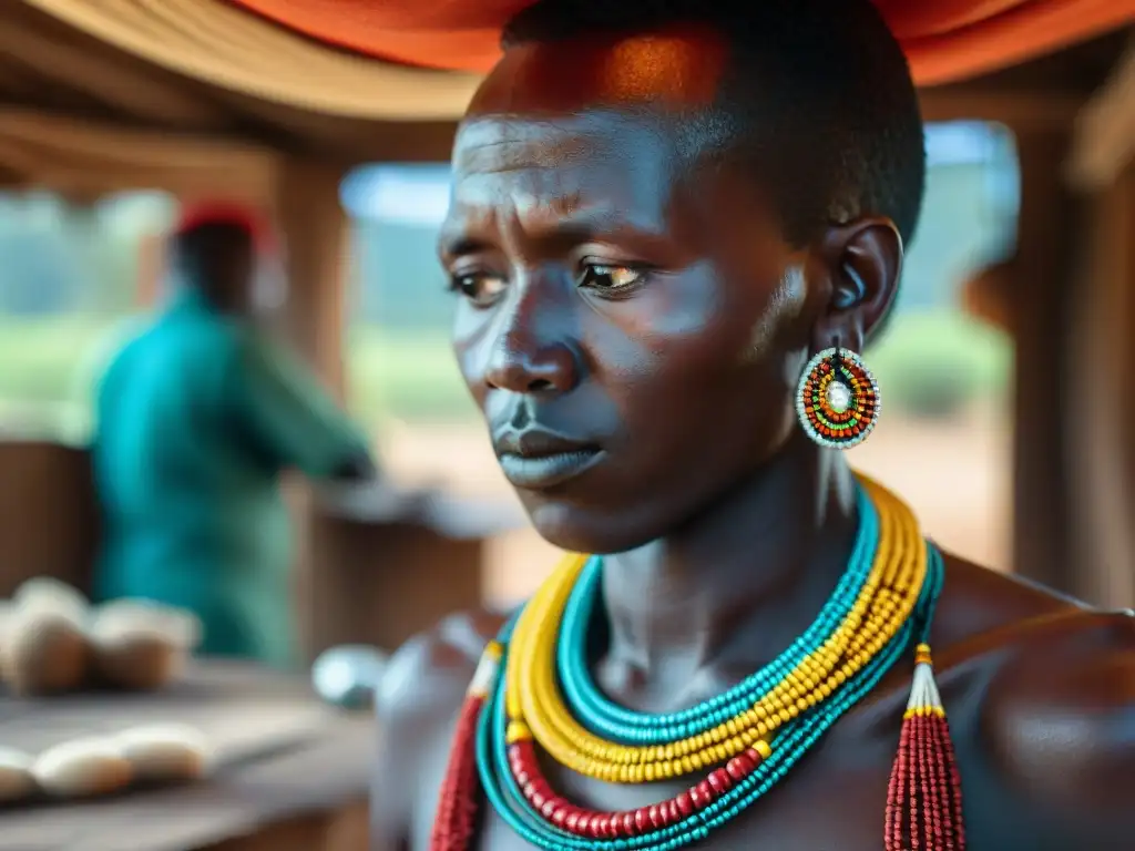 Artesano Maasai crea collar de cuentas, reflejando la influencia global de la joyería africana