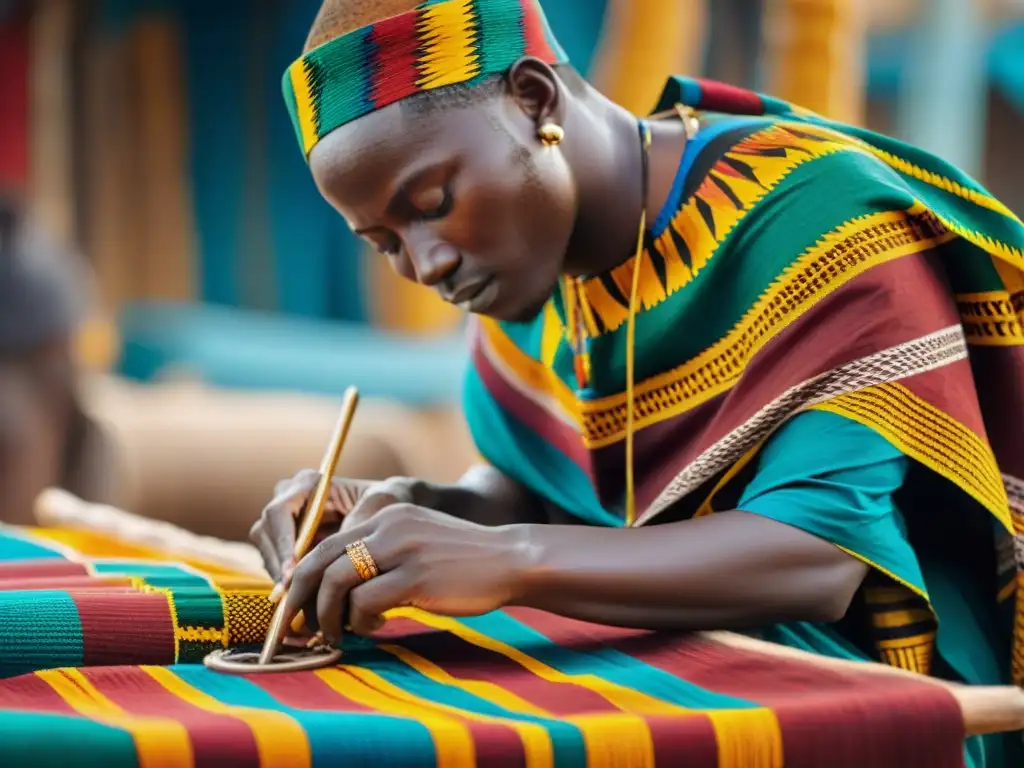 Un artesano en un mercado de Ghana tejiendo un vibrante Kente, destacando la artesanía y cultura de la región