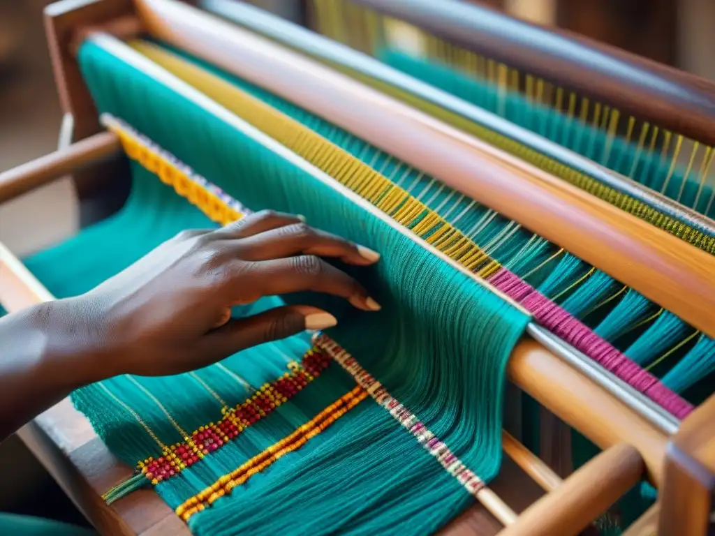 Un artesano tejiendo patrones vibrantes en un telar de madera, destacando la belleza e influencia de las técnicas textiles africanas en la moda