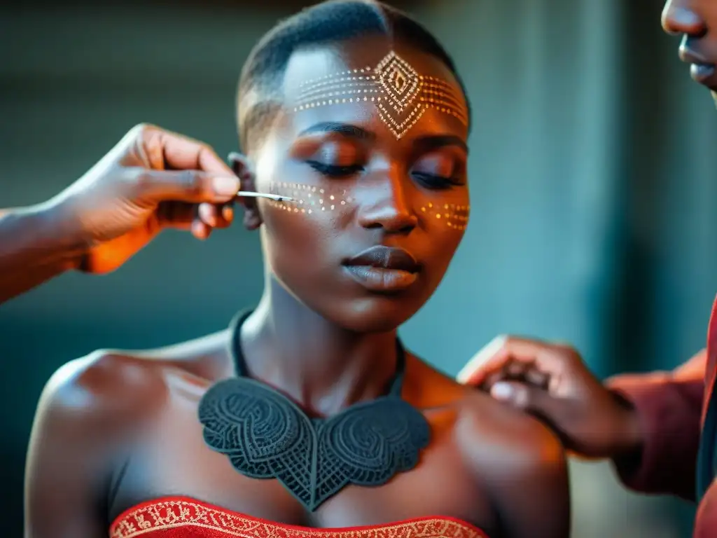 Un artesano en África realiza la práctica del escarificado en el rostro de una mujer, resaltando la identidad y tradición cultural