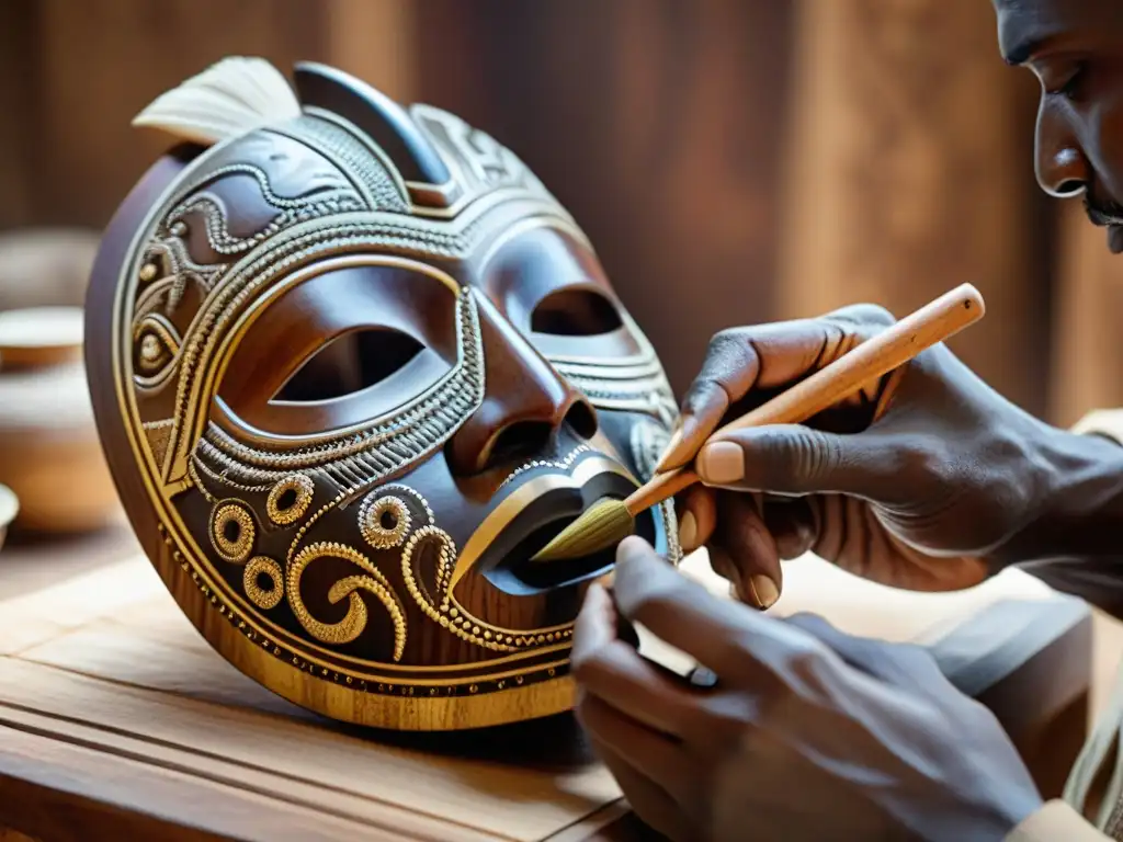 Artesanía africana: tallando máscaras con maestría Un artesano talla con maestría un detallado diseño en una máscara de madera, destacando la autenticidad del arte africano