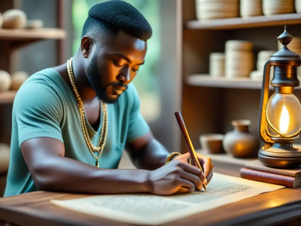 Un artesano en África preservando técnicas antiguas de escritura con pluma tradicional en pergamino rodeado de manuscritos y pergaminos