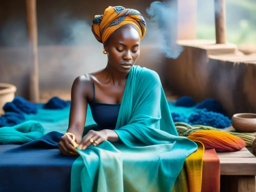 Artesano aplica tinturas africanas a tela, rodeado de plantas