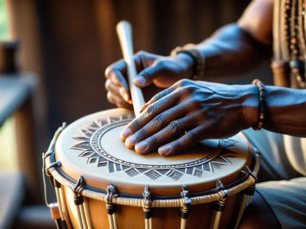 Artesano tallando tambor tribal, en taller iluminado suavemente