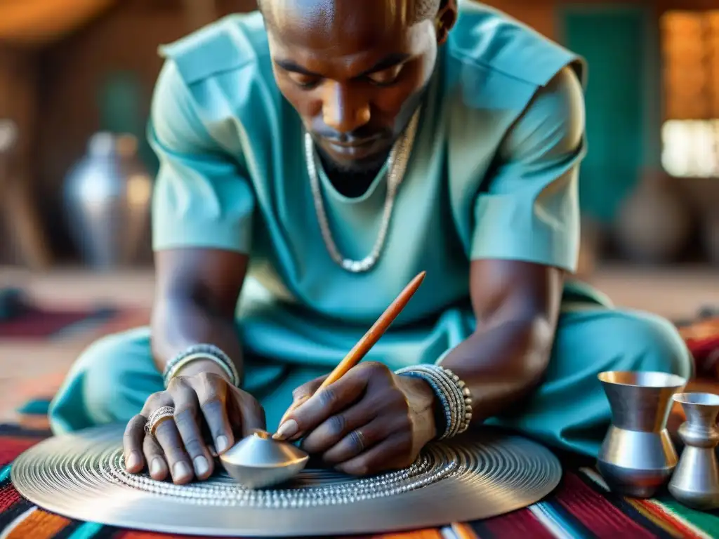 Artesano Tuareg: Detalles de plata y destreza en África Occidental Un artesano tuareg de África Occidental experto en orfebrería crea una joya de plata tradicional