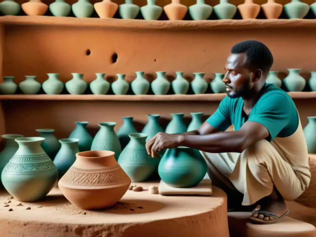 Artesano en el Sahel tallando una vasija de cerámica con técnicas y materiales únicos