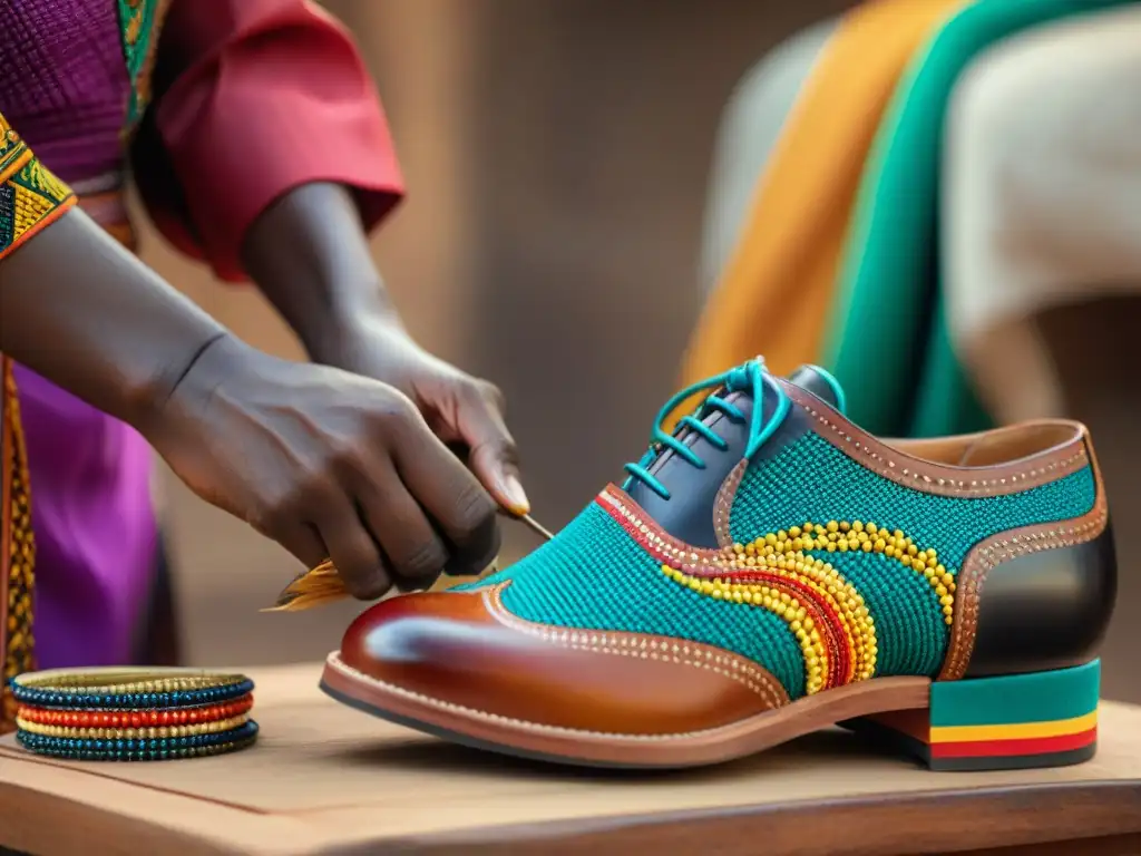 Un artesano crea zapatos contemporáneos con inspiración africana, entretejiendo hilos coloridos y delicadas cuentas