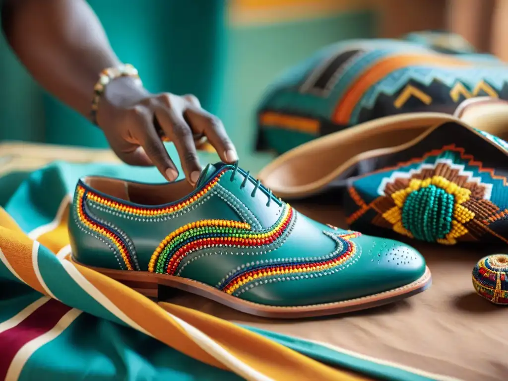 Un artesano hábil diseña zapatos vibrantes inspirados en África, fusionando tradición y arte en calzado contemporáneo