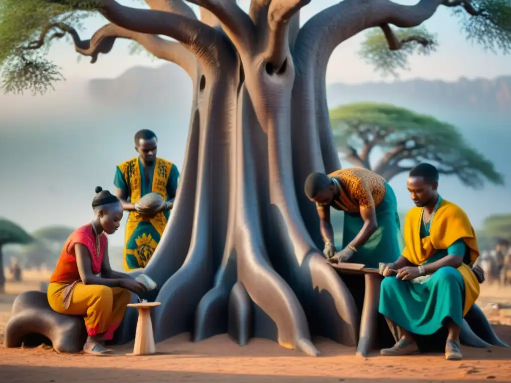 Artesanos africanos esculpiendo bajo un baobab, destacando la influencia de esculturas africanas