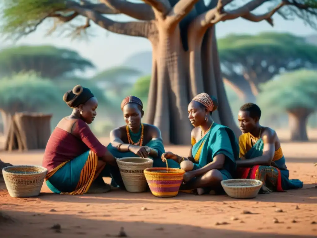 Artesanos africanos tejiendo bajo un baobab, reflejando el origen de la cestería africana moda