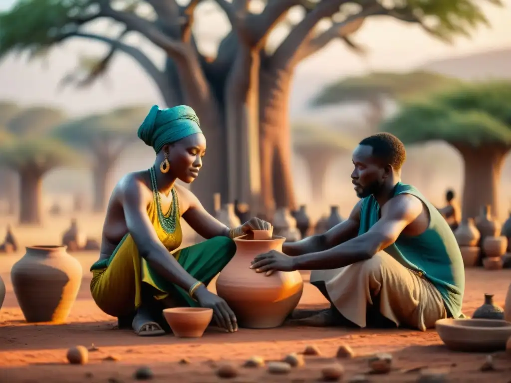 Artesanos africanos creando cerámica bajo un baobab, en la sabana africana al atardecer