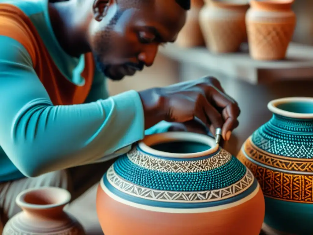 Artesanos africanos moldeando cerámica con colores vibrantes y patrones intrincados, reflejando la rica historia del Arte cerámica civilizaciones africanas