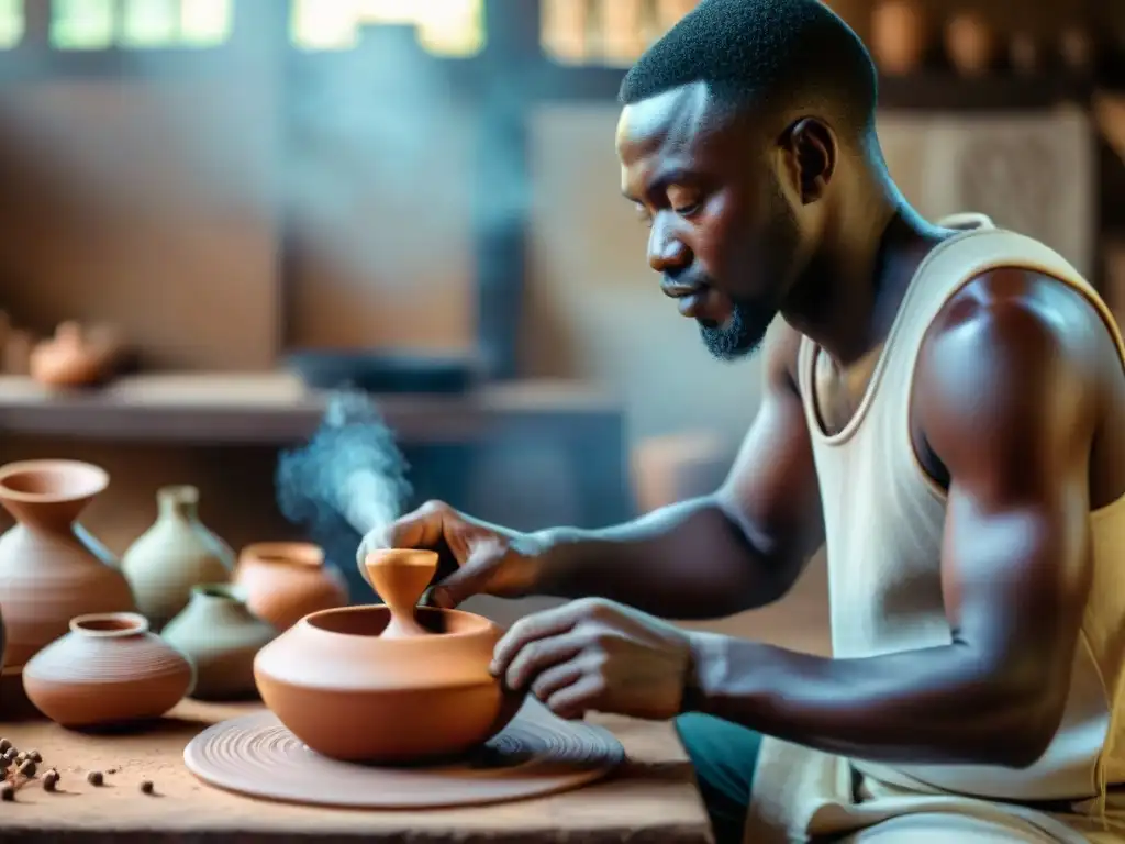 Artesanos africanos creando cerámica en taller tradicional, capturando cerámica como documento histórico